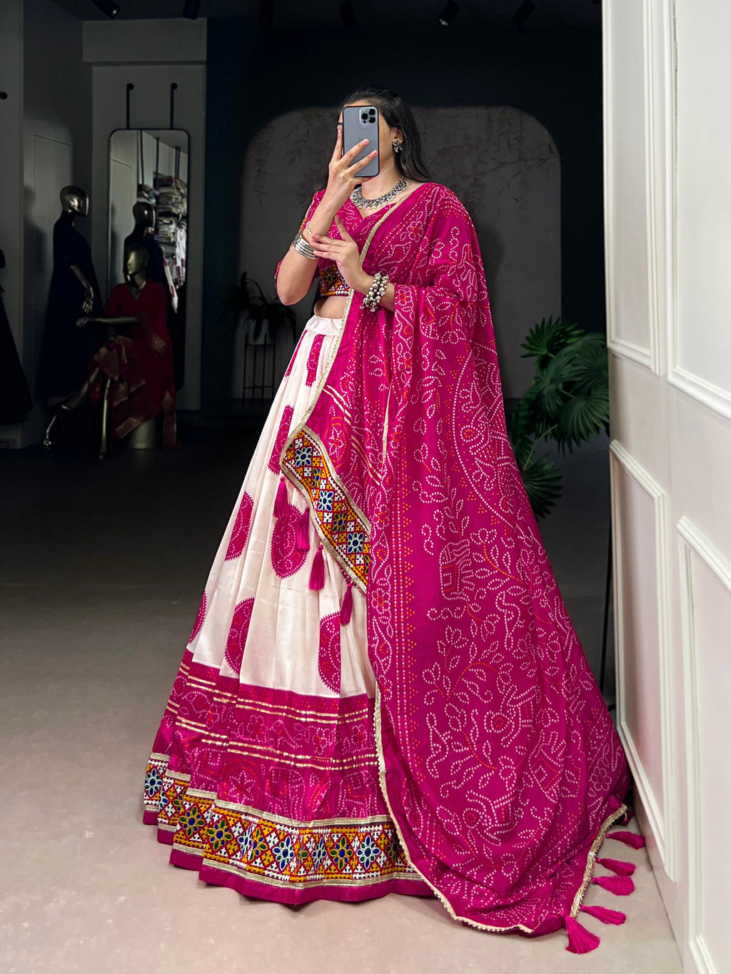 Lorenvalley Fashion Offwhite Tasar Silk Bandhej Print and Gamthi Work with Lace Touch Up Lehenga Choli with Dupatta | Grocsy