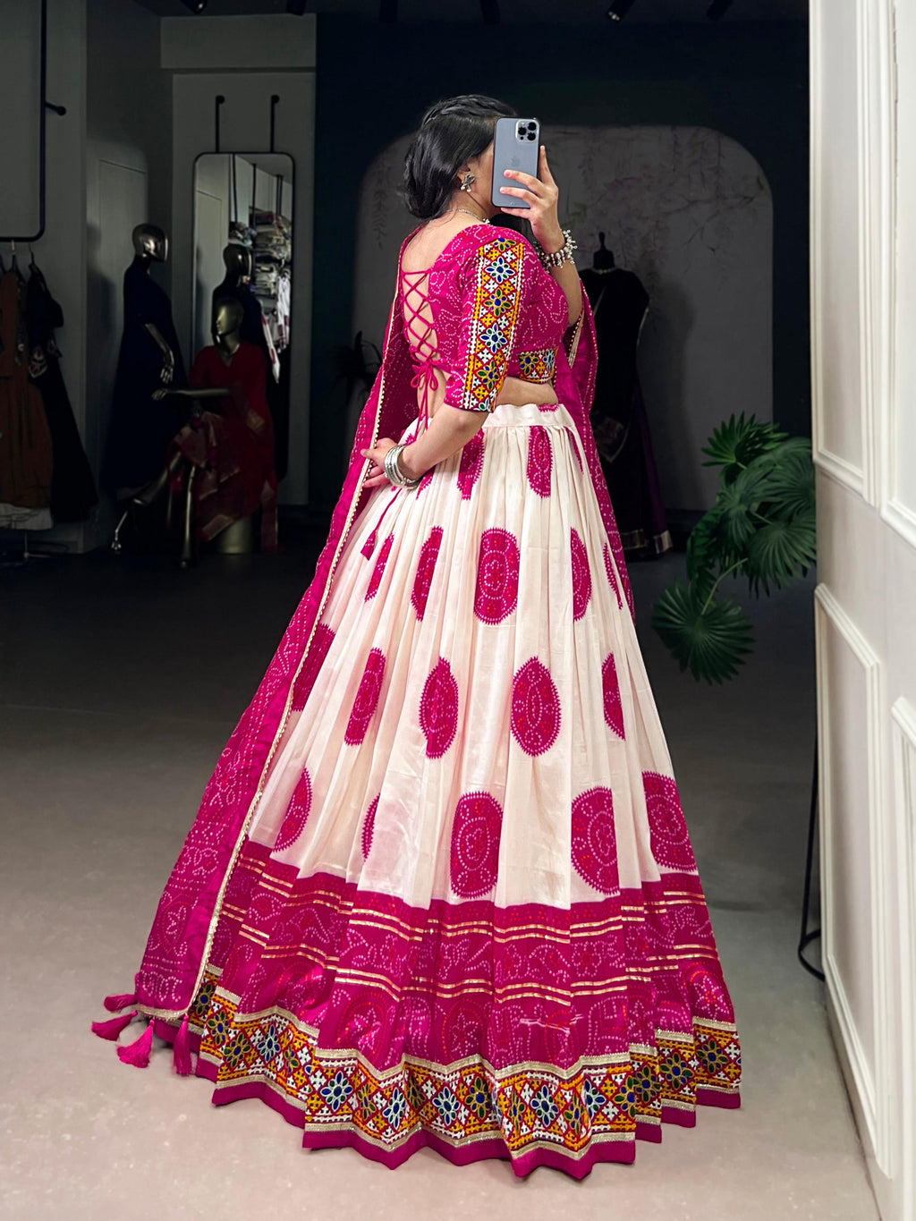 Lorenvalley Fashion Offwhite Tasar Silk Bandhej Print and Gamthi Work with Lace Touch Up Lehenga Choli with Dupatta | Grocsy