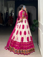Lorenvalley Fashion Offwhite Tasar Silk Bandhej Print and Gamthi Work with Lace Touch Up Lehenga Choli with Dupatta | Grocsy