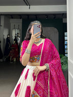 Lorenvalley Fashion Offwhite Tasar Silk Bandhej Print and Gamthi Work with Lace Touch Up Lehenga Choli with Dupatta | Grocsy