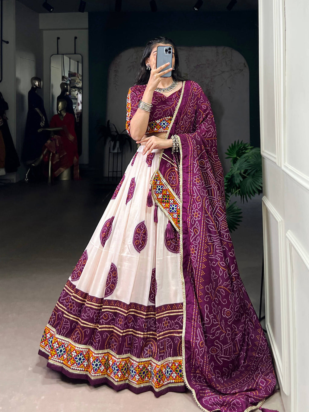 Lorenvalley Fashion Offwhite Tasar Silk Bandhej Print and Gamthi Work with Lace Touch Up Lehenga Choli with Dupatta | Grocsy