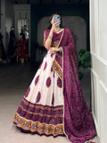 Lorenvalley Fashion Offwhite Tasar Silk Bandhej Print and Gamthi Work with Lace Touch Up Lehenga Choli with Dupatta | Grocsy