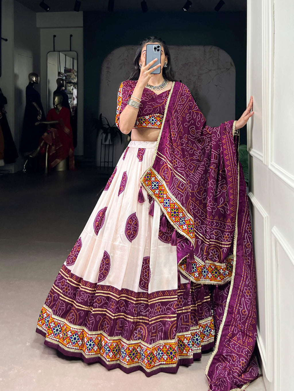 Lorenvalley Fashion Offwhite Tasar Silk Bandhej Print and Gamthi Work with Lace Touch Up Lehenga Choli with Dupatta | Grocsy