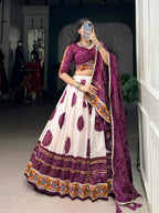 Lorenvalley Fashion Offwhite Tasar Silk Bandhej Print and Gamthi Work with Lace Touch Up Lehenga Choli with Dupatta | Grocsy