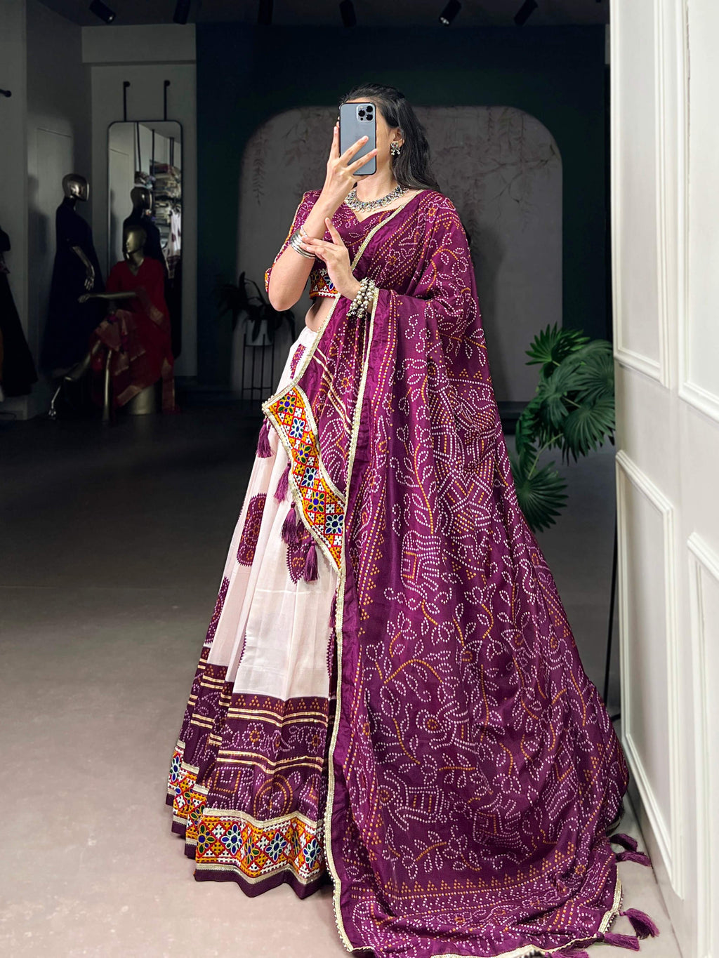Lorenvalley Fashion Offwhite Tasar Silk Bandhej Print and Gamthi Work with Lace Touch Up Lehenga Choli with Dupatta | Grocsy