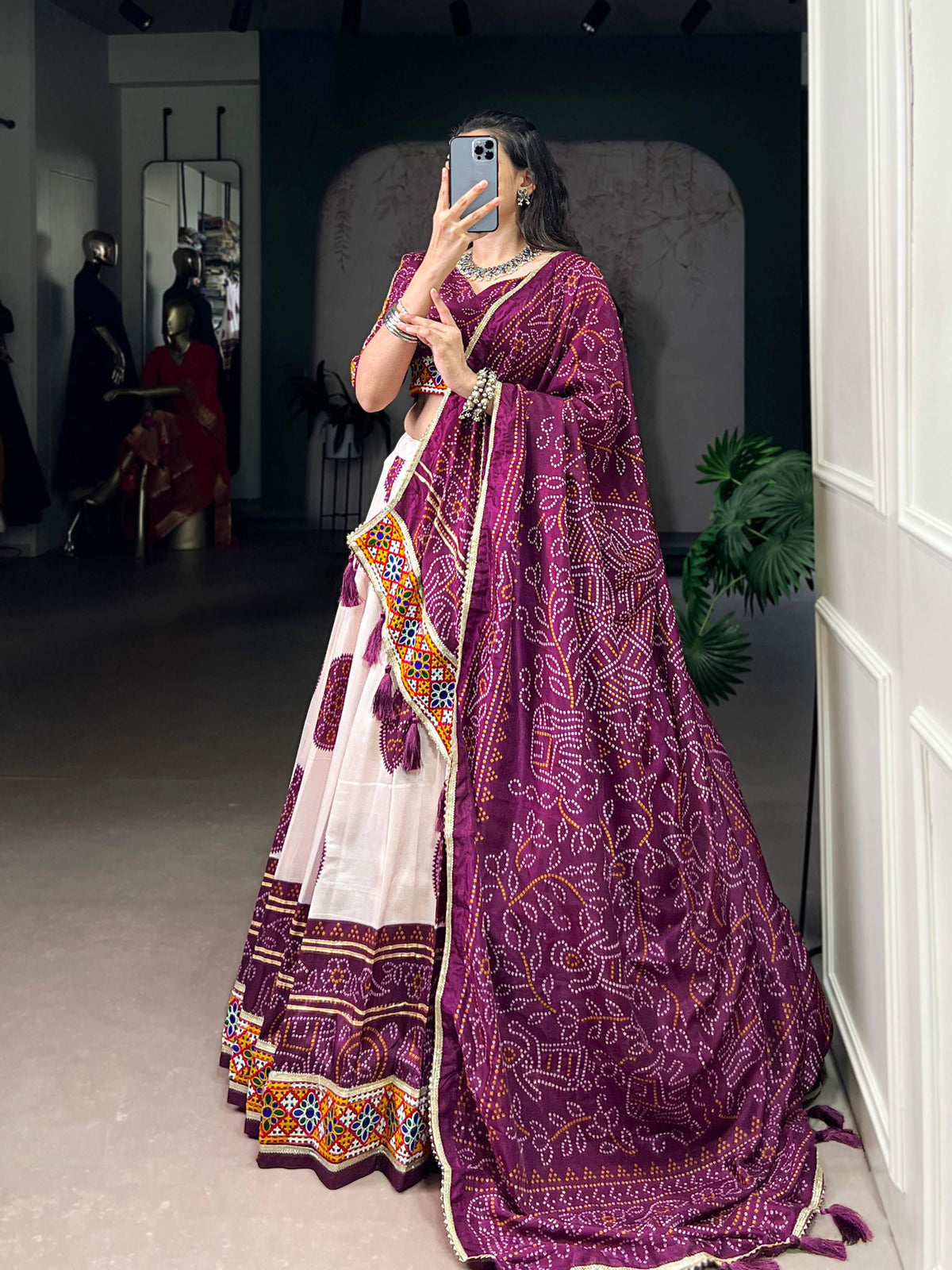 Lorenvalley Fashion Offwhite Tasar Silk Bandhej Print and Gamthi Work with Lace Touch Up Lehenga Choli with Dupatta | Grocsy