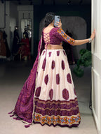 Lorenvalley Fashion Offwhite Tasar Silk Bandhej Print and Gamthi Work with Lace Touch Up Lehenga Choli with Dupatta | Grocsy