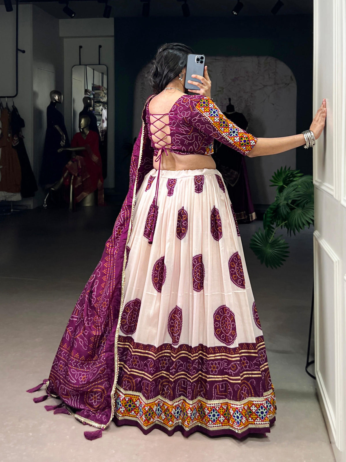 Lorenvalley Fashion Offwhite Tasar Silk Bandhej Print and Gamthi Work with Lace Touch Up Lehenga Choli with Dupatta | Grocsy