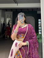 Lorenvalley Fashion Offwhite Tasar Silk Bandhej Print and Gamthi Work with Lace Touch Up Lehenga Choli with Dupatta | Grocsy