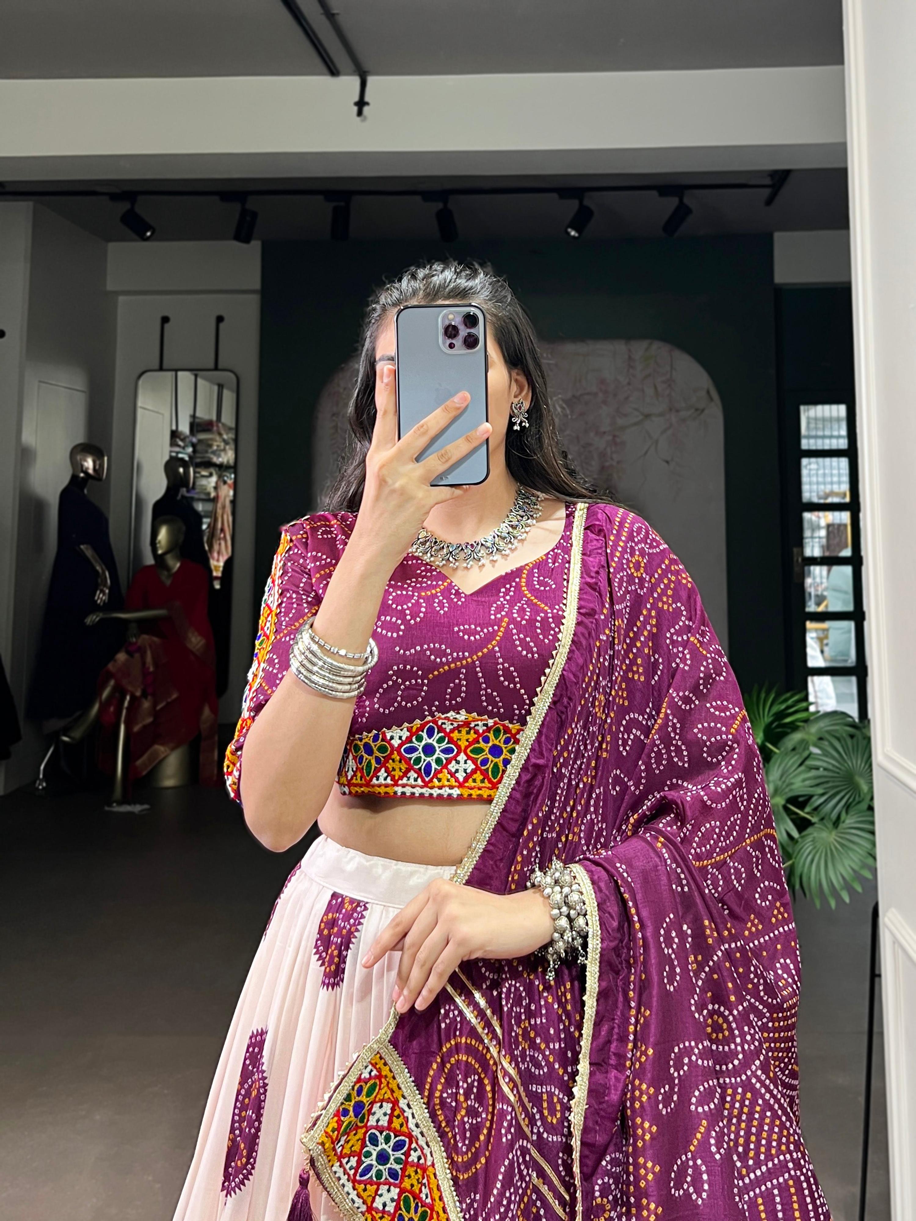 Lorenvalley Fashion Offwhite Tasar Silk Bandhej Print and Gamthi Work with Lace Touch Up Lehenga Choli with Dupatta | Grocsy
