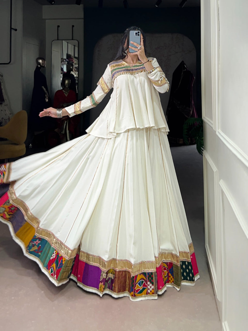 Lorenvalley Fashion White Pure Rayon Multi Patch Work With Gota Patti Lace Touch Up Lehenga Choli | Grocsy