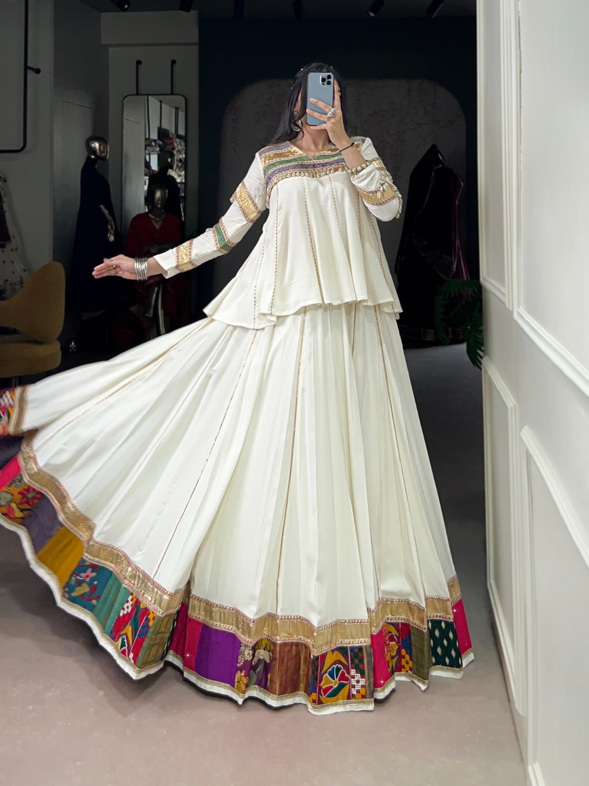 Lorenvalley Fashion White Pure Rayon Multi Patch Work With Gota Patti Lace Touch Up Lehenga Choli | Grocsy