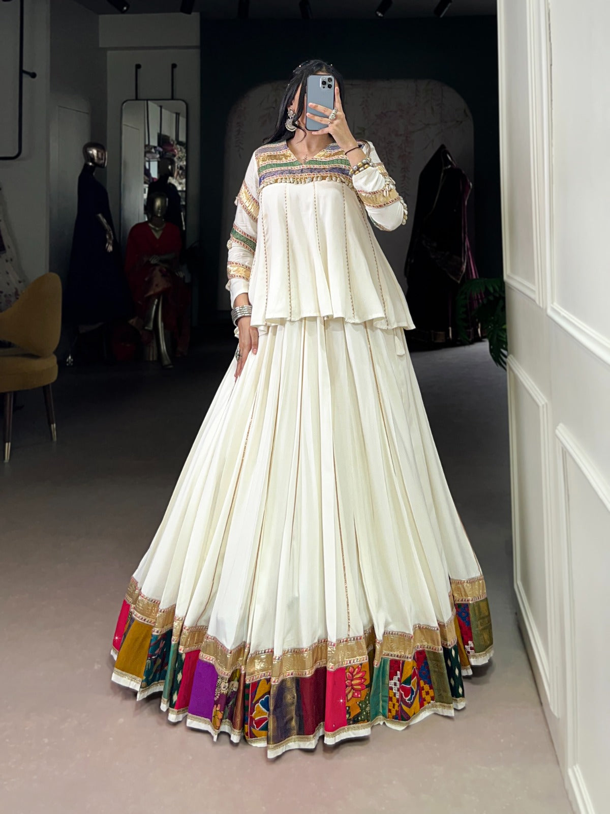 Lorenvalley Fashion White Pure Rayon Multi Patch Work With Gota Patti Lace Touch Up Lehenga Choli | Grocsy