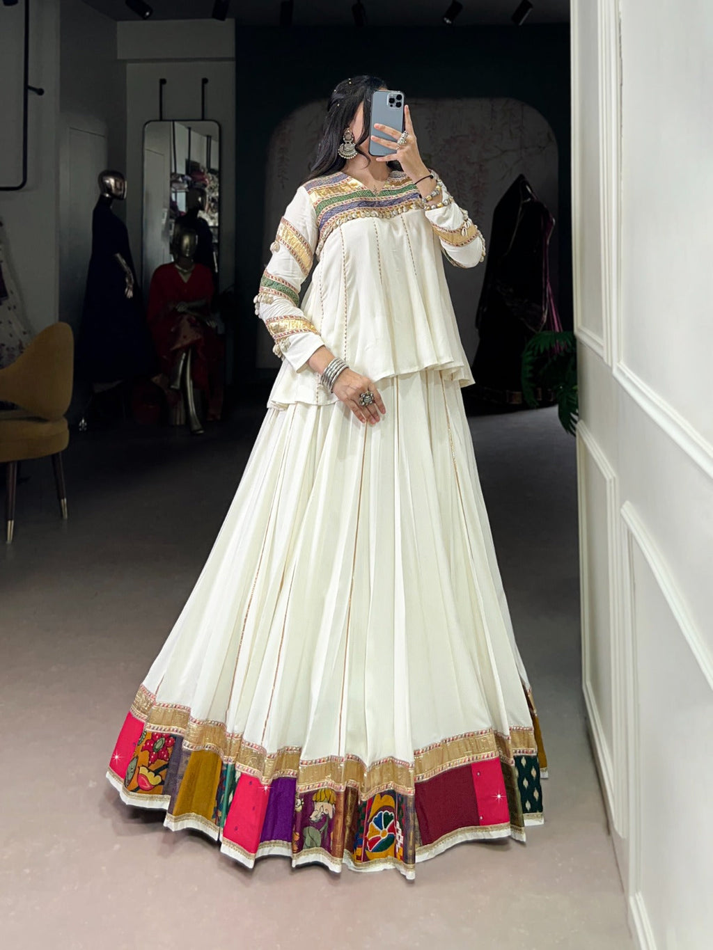Lorenvalley Fashion White Pure Rayon Multi Patch Work With Gota Patti Lace Touch Up Lehenga Choli | Grocsy