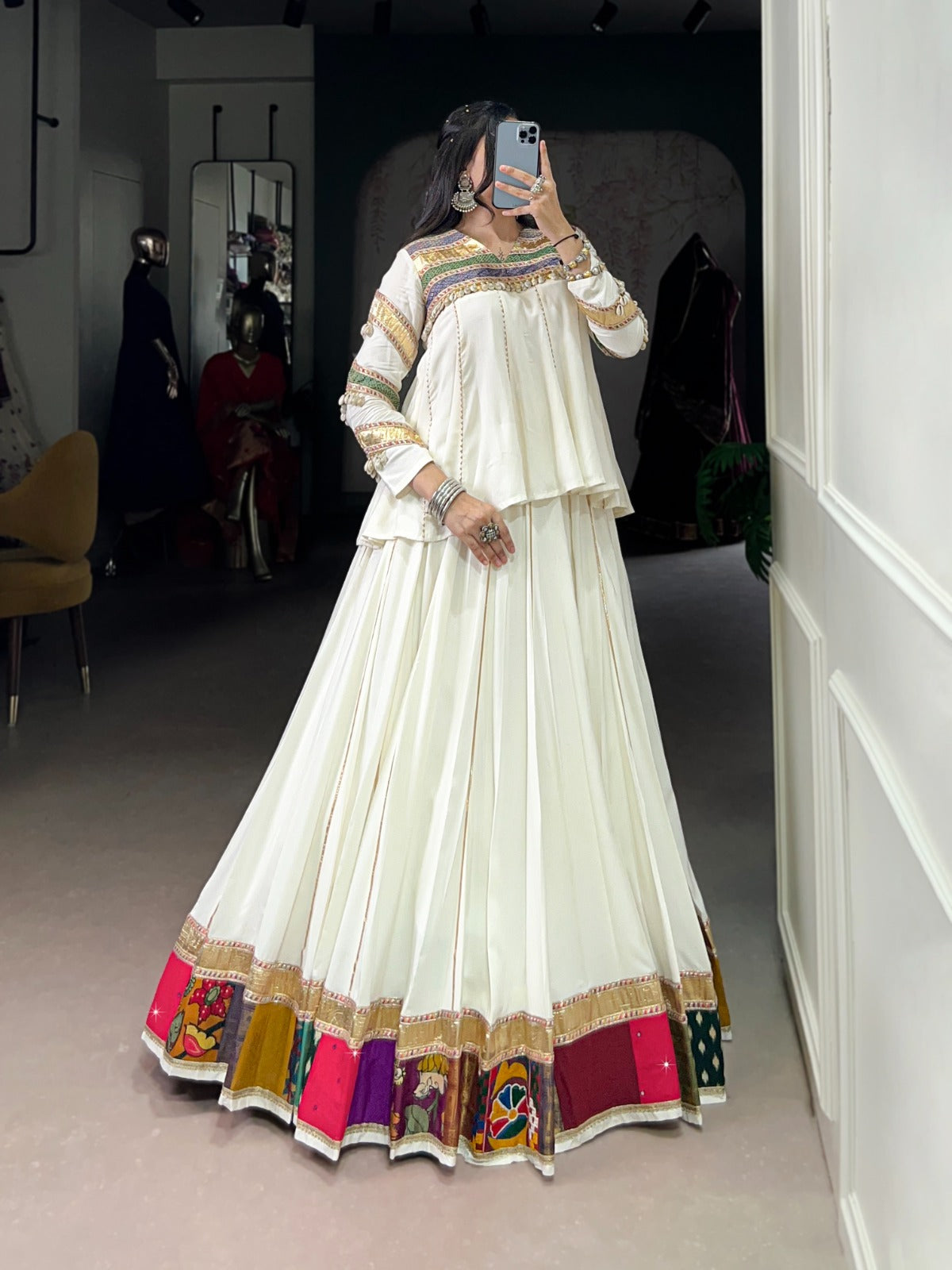 Lorenvalley Fashion White Pure Rayon Multi Patch Work With Gota Patti Lace Touch Up Lehenga Choli | Grocsy