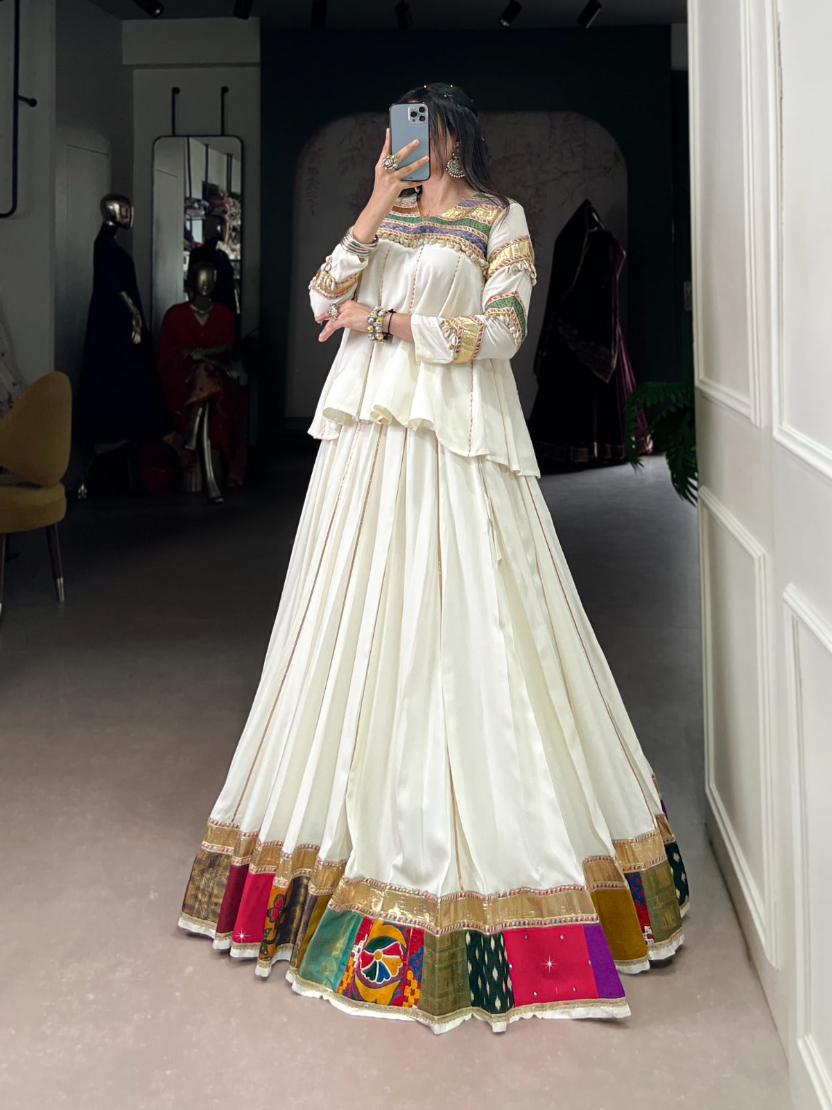 Lorenvalley Fashion White Pure Rayon Multi Patch Work With Gota Patti Lace Touch Up Lehenga Choli | Grocsy