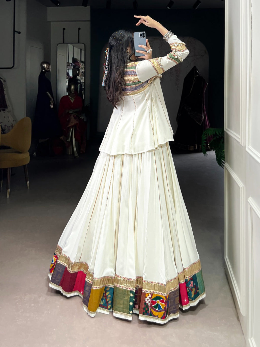 Lorenvalley Fashion White Pure Rayon Multi Patch Work With Gota Patti Lace Touch Up Lehenga Choli | Grocsy