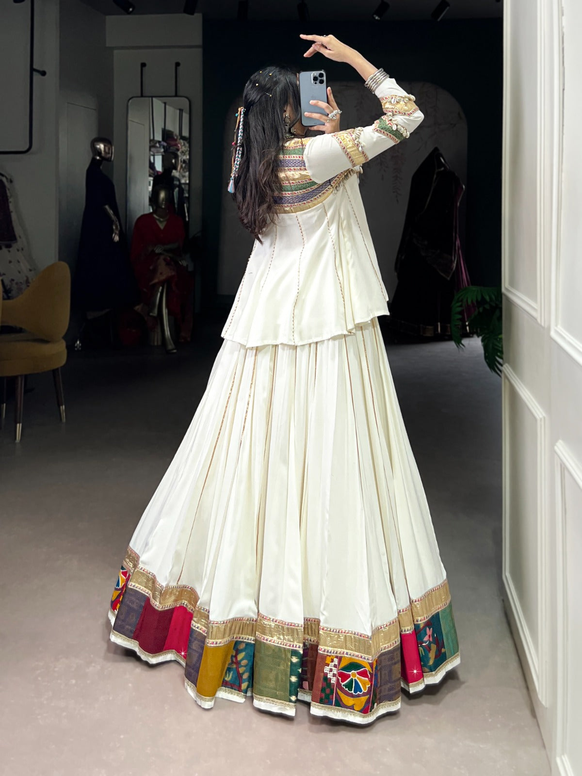 Lorenvalley Fashion White Pure Rayon Multi Patch Work With Gota Patti Lace Touch Up Lehenga Choli | Grocsy
