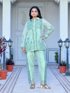 Vaasva Women's Marine Chanderi Block Printed Cord Set | Grocsy