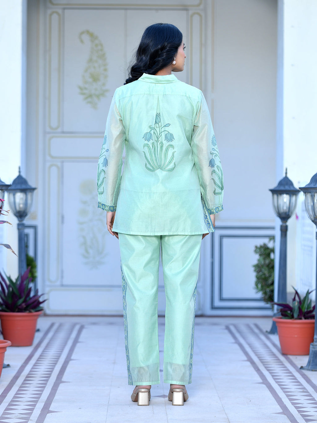 Vaasva Women's Marine Chanderi Block Printed Cord Set | Grocsy