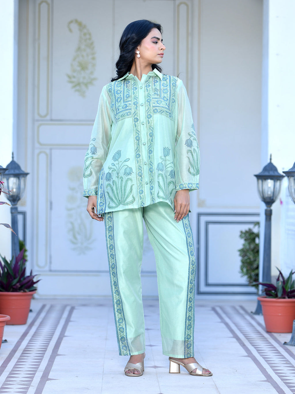 Vaasva Women's Marine Chanderi Block Printed Cord Set | Grocsy