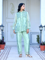 Vaasva Women's Marine Chanderi Block Printed Cord Set | Grocsy