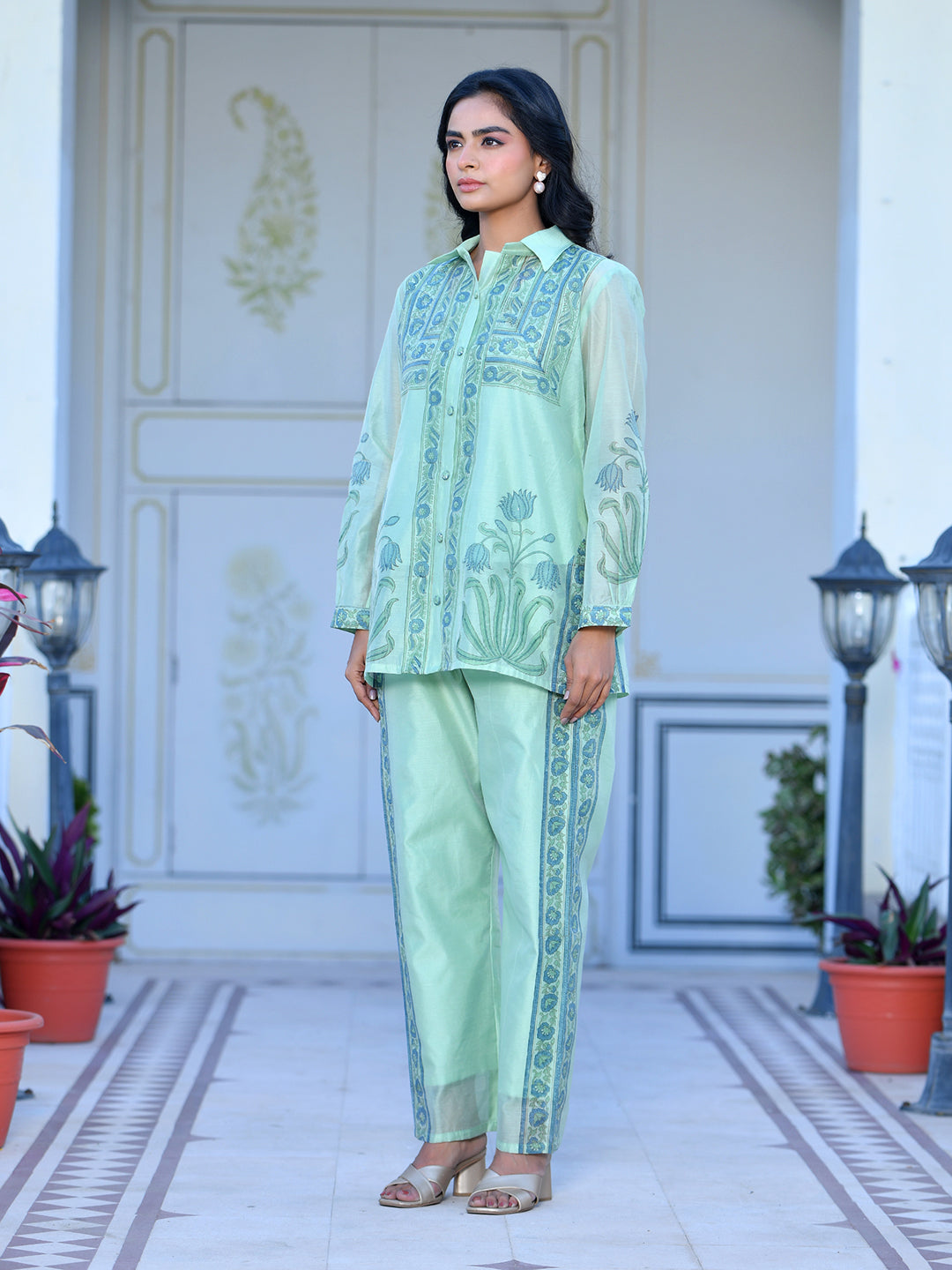 Vaasva Women's Marine Chanderi Block Printed Cord Set | Grocsy
