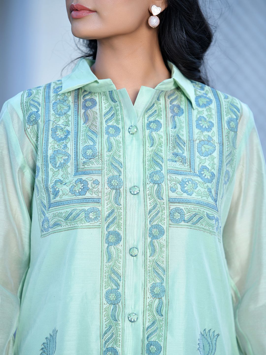 Vaasva Women's Marine Chanderi Block Printed Cord Set | Grocsy