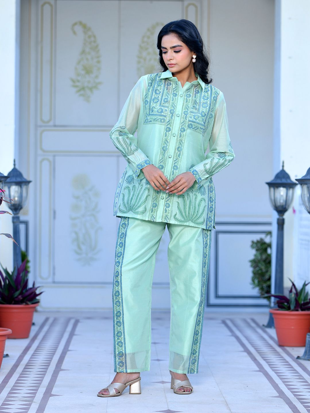 Vaasva Women's Marine Chanderi Block Printed Cord Set | Grocsy