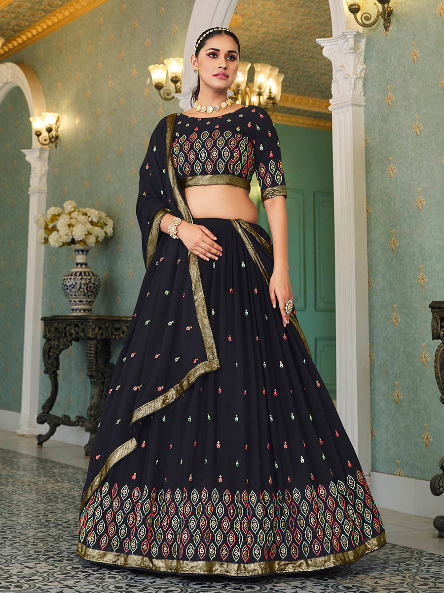 Myra Navy Blue Georgette Embroidered Designer Lehenga | Grocsy