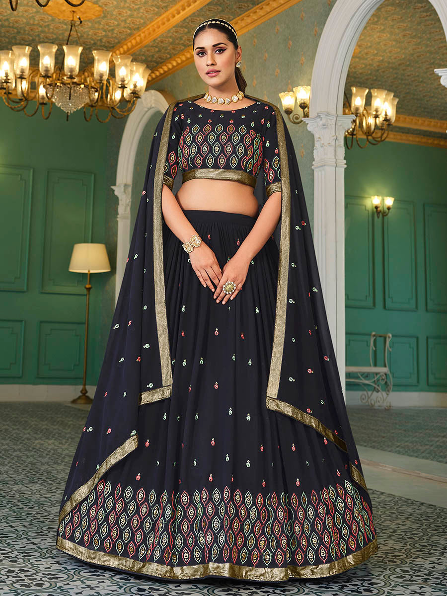 Myra Navy Blue Georgette Embroidered Designer Lehenga | Grocsy