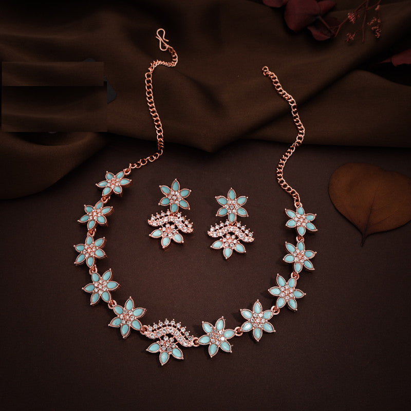 Tehzeeb Creations Sky Blue Colour Star Design Stone Studded Necklace With Earrings | Grocsy
