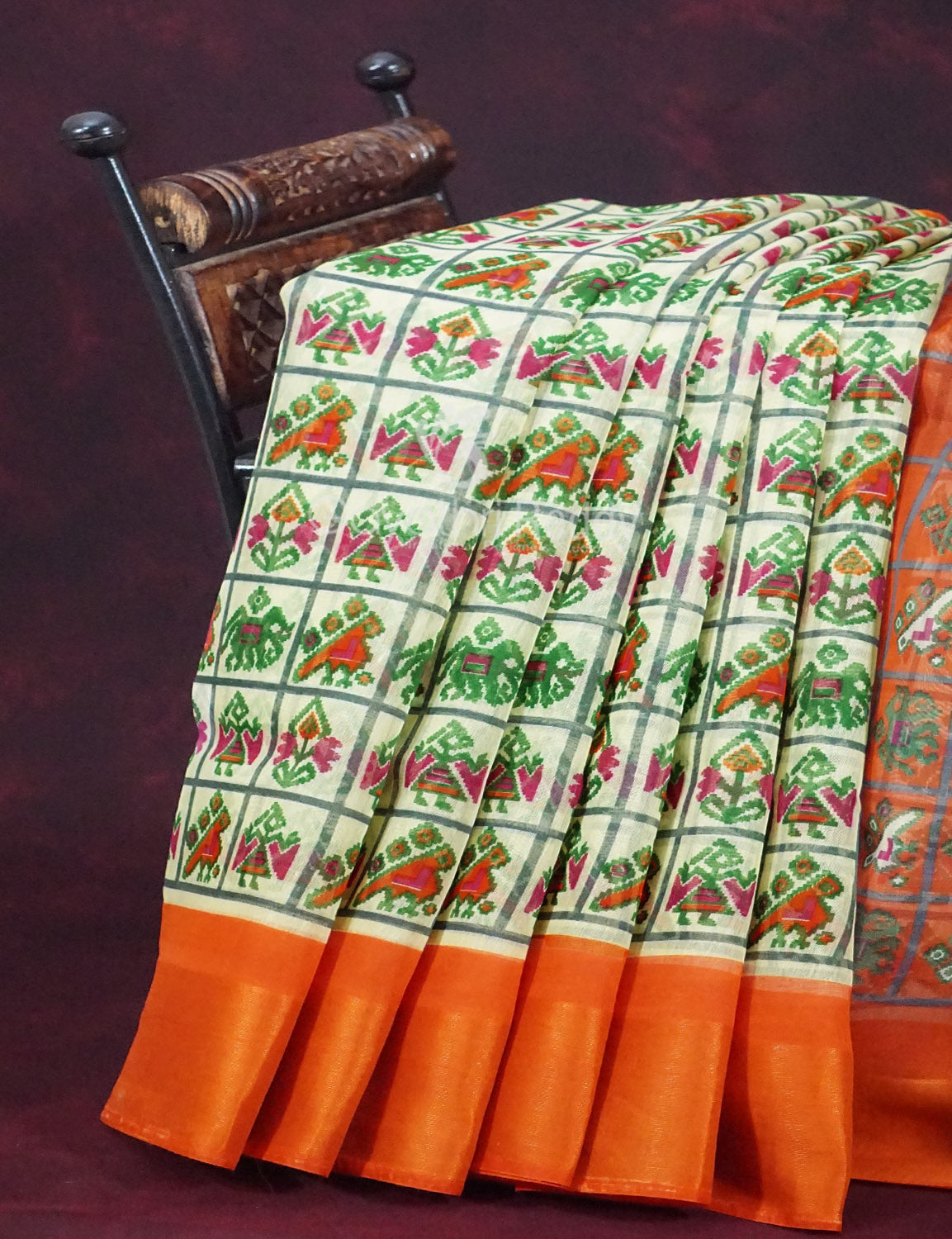 Shades of Cream And Orange Colour Blouse Patola Design Semi Chanderi Saree By Gayathri Reddy Designer Studio | Grocsy