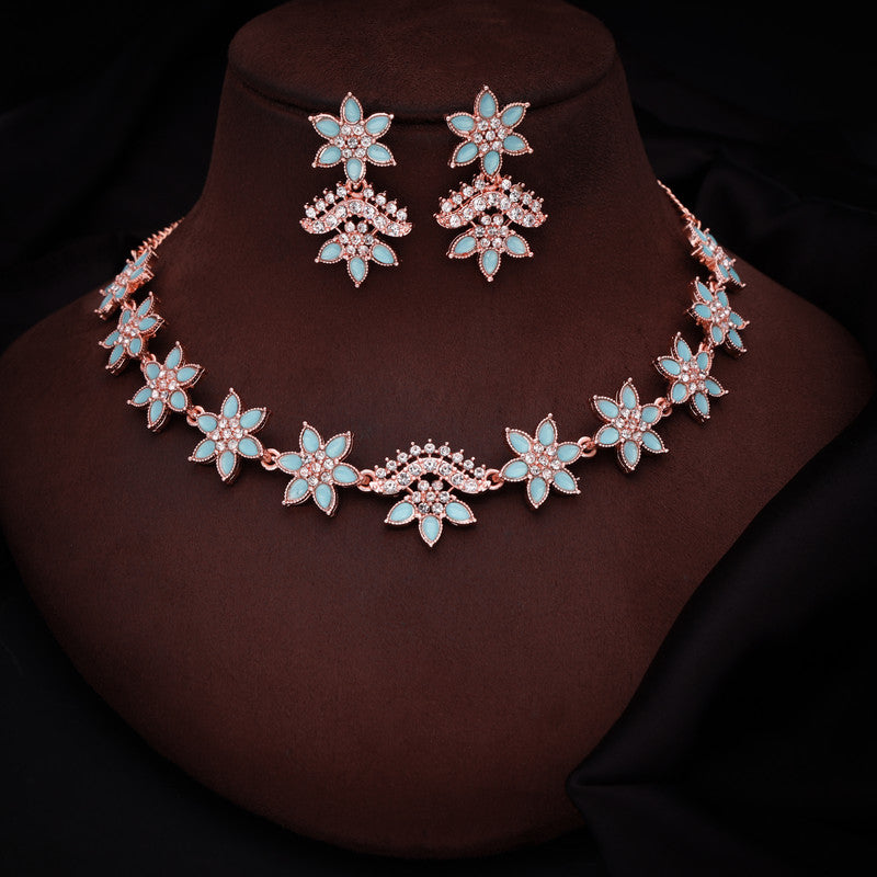 Tehzeeb Creations Sky Blue Colour Star Design Stone Studded Necklace With Earrings | Grocsy