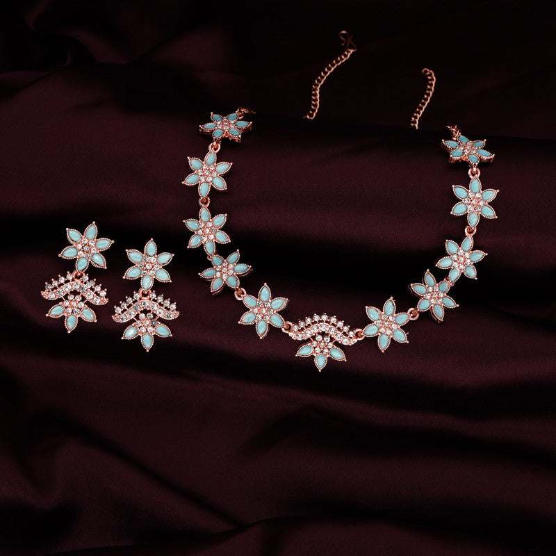 Tehzeeb Creations Sky Blue Colour Star Design Stone Studded Necklace With Earrings | Grocsy