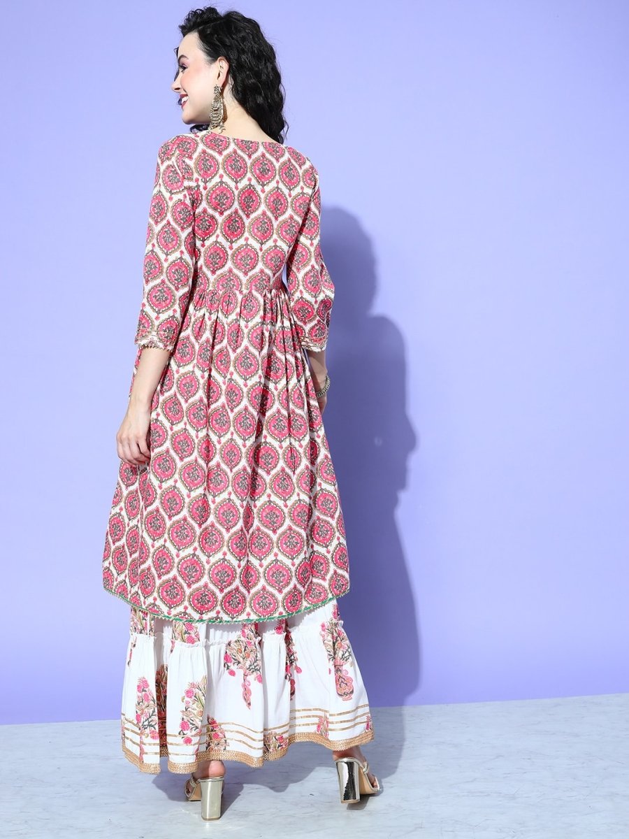 All About You Women White Floral Printed Regular Gotta Patti Pure Cotton Kurta with Skirt & With Dupatta | Grocsy