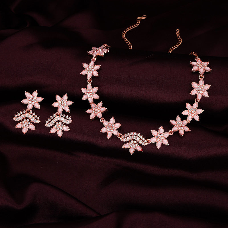 Tehzeeb Creations Baby Pink Colour Star Design Stone Studded Necklace With Earrings | Grocsy