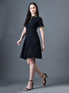 Myshka Women Black Polyester A-Line Shirt Collar Solid Above Knee Short Sleeves Dresses | Grocsy
