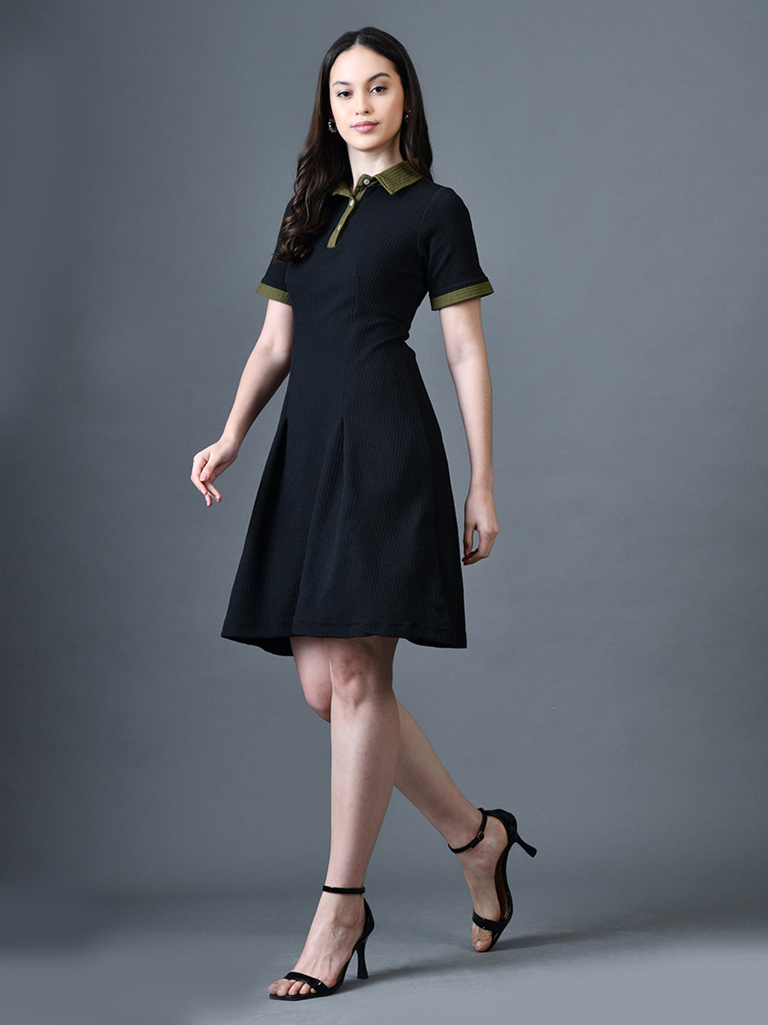 Myshka Women Black Polyester A-Line Shirt Collar Solid Above Knee Short Sleeves Dresses | Grocsy