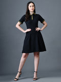 Myshka Women Black Polyester A-Line Shirt Collar Solid Above Knee Short Sleeves Dresses | Grocsy
