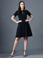 Myshka Women Black Polyester A-Line Shirt Collar Solid Above Knee Short Sleeves Dresses | Grocsy