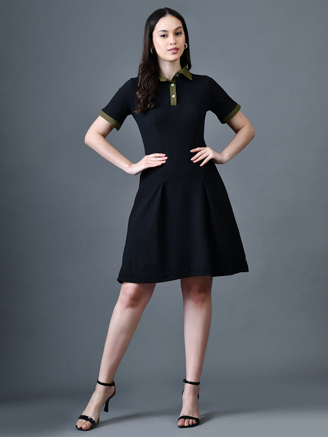 Myshka Women Black Polyester A-Line Shirt Collar Solid Above Knee Short Sleeves Dresses | Grocsy