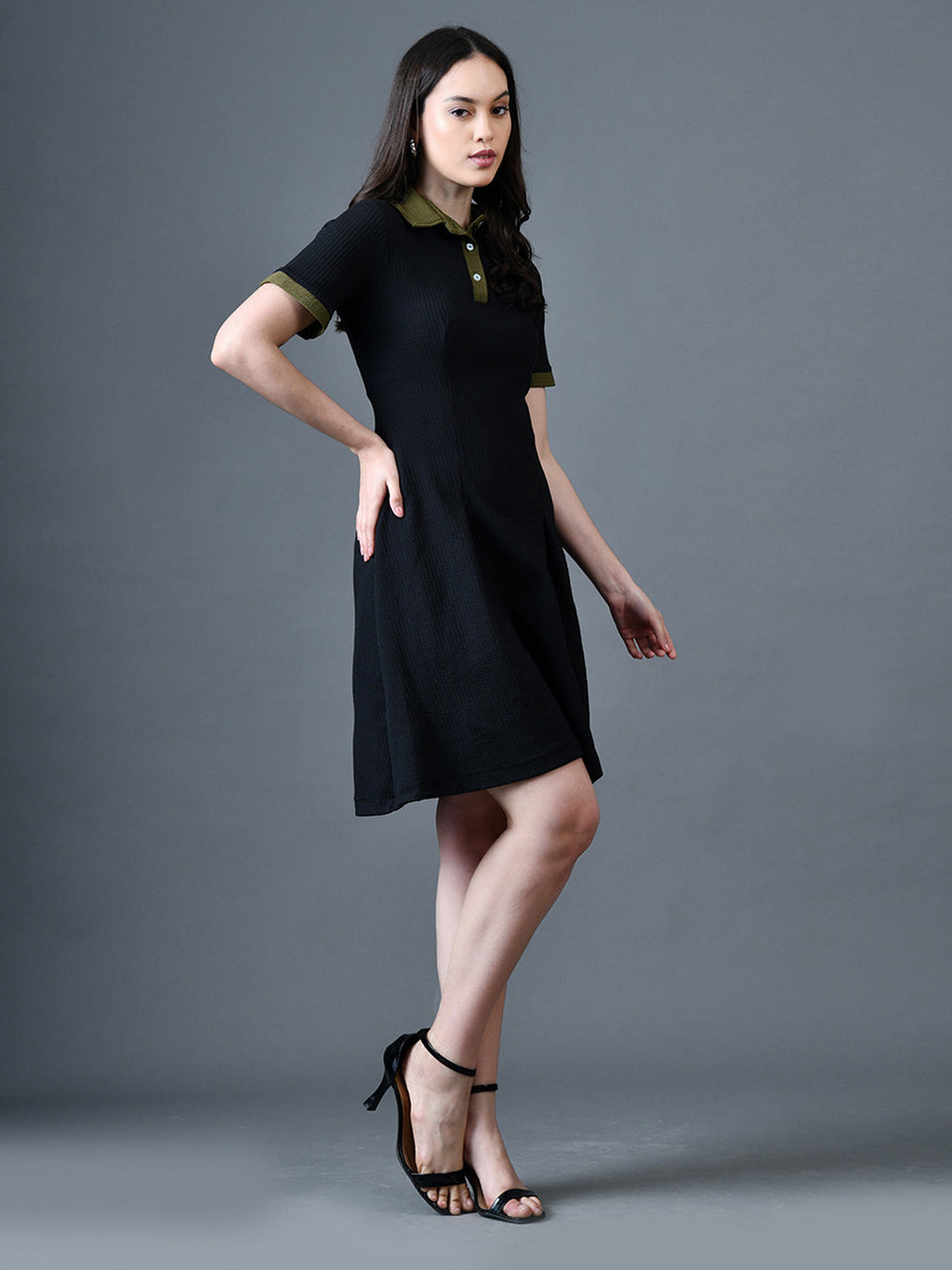 Myshka Women Black Polyester A-Line Shirt Collar Solid Above Knee Short Sleeves Dresses | Grocsy