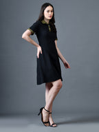 Myshka Women Black Polyester A-Line Shirt Collar Solid Above Knee Short Sleeves Dresses | Grocsy