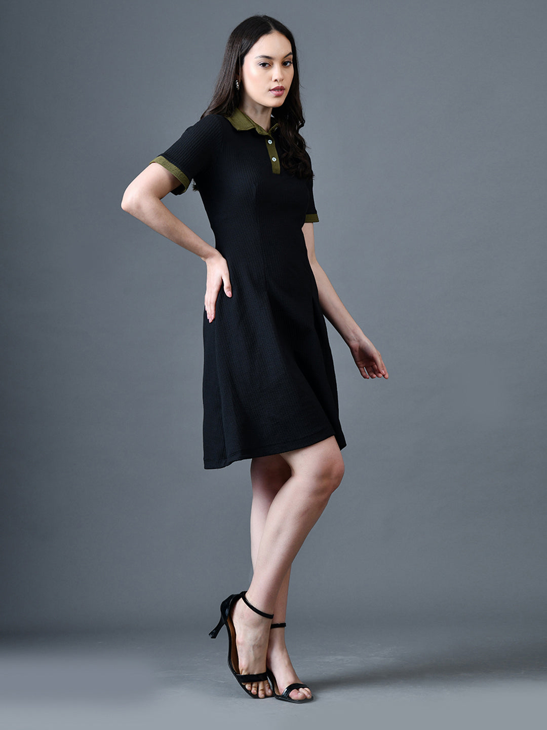 Myshka Women Black Polyester A-Line Shirt Collar Solid Above Knee Short Sleeves Dresses | Grocsy