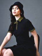 Myshka Women Black Polyester A-Line Shirt Collar Solid Above Knee Short Sleeves Dresses | Grocsy