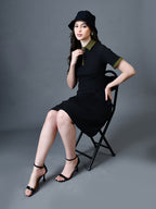 Myshka Women Black Polyester A-Line Shirt Collar Solid Above Knee Short Sleeves Dresses | Grocsy