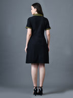 Myshka Women Black Polyester A-Line Shirt Collar Solid Above Knee Short Sleeves Dresses | Grocsy