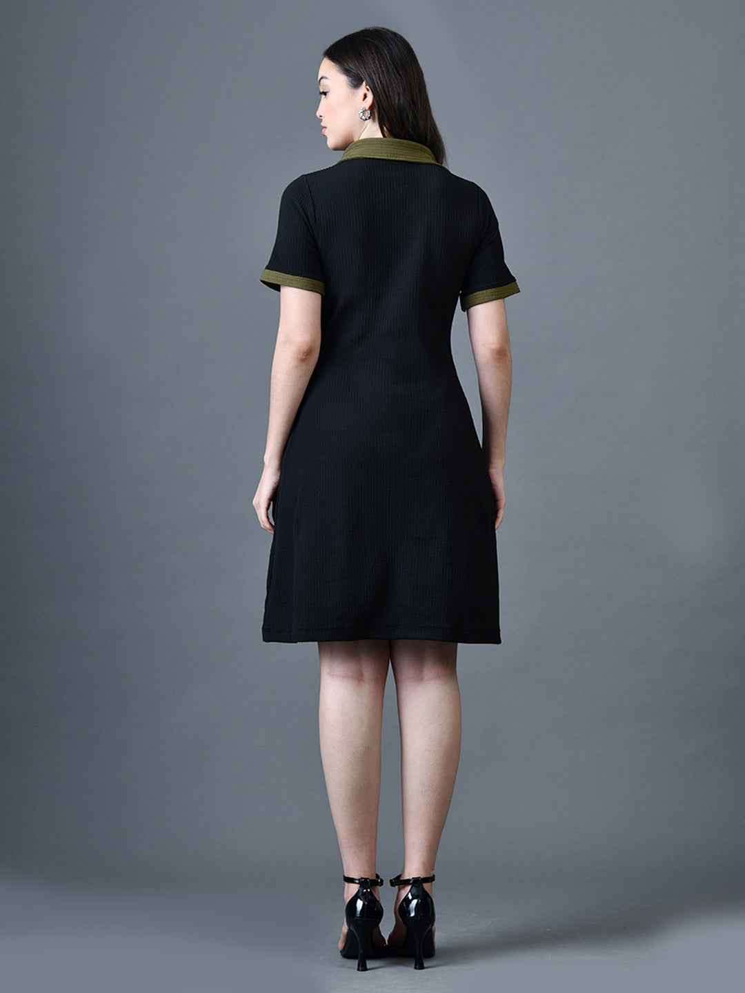 Myshka Women Black Polyester A-Line Shirt Collar Solid Above Knee Short Sleeves Dresses | Grocsy