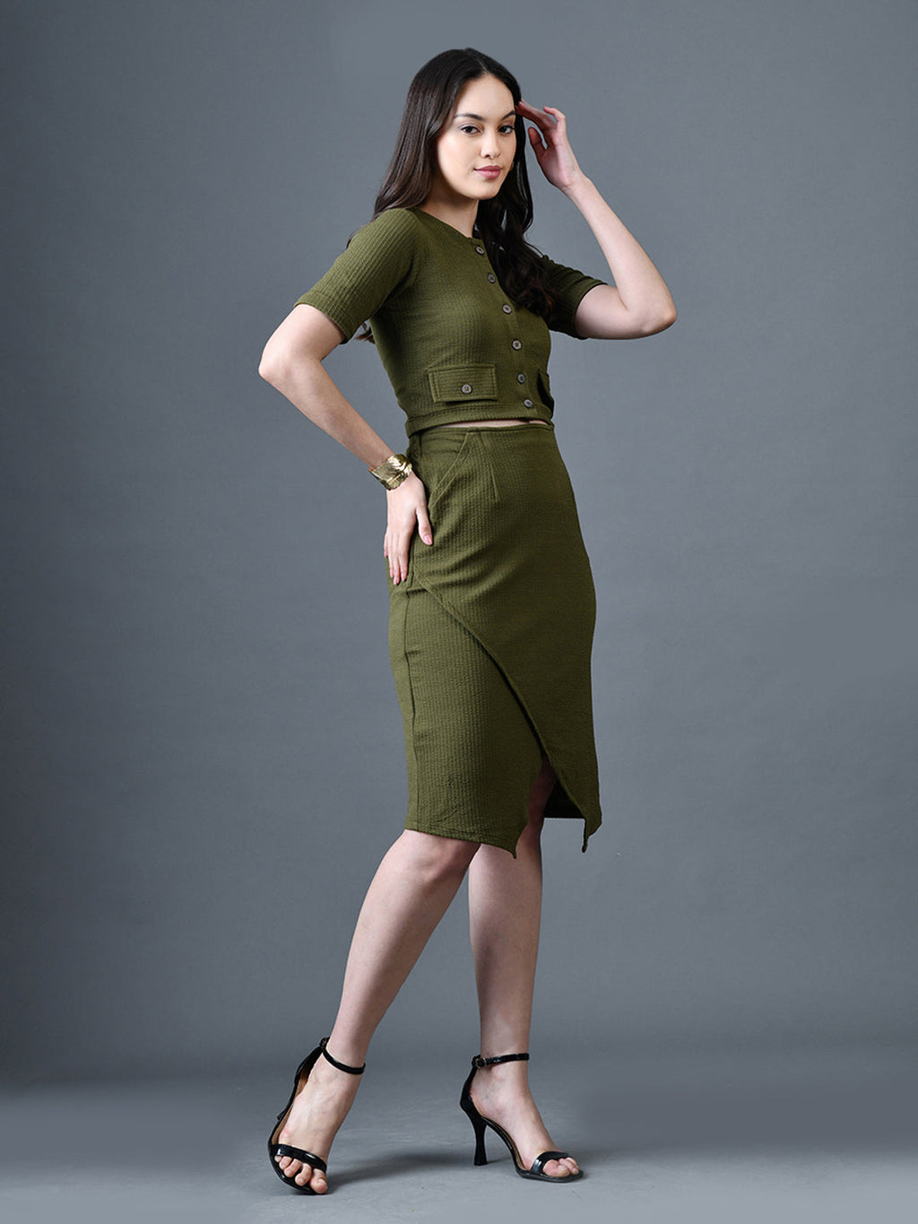 Myshka Women Olive Polyester A-Line Round Neck Solid Knee Length Short Sleeves Co-Ords | Grocsy